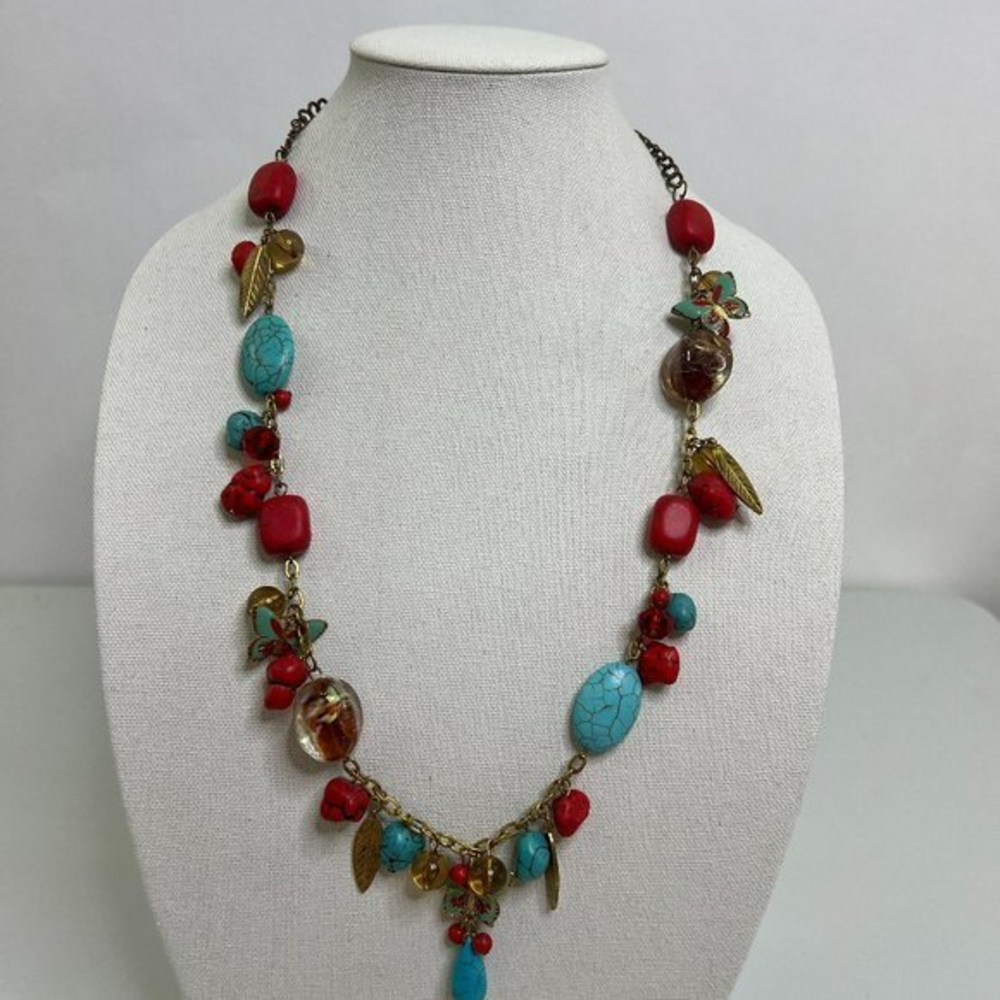Butterfly Faux Turquoise Necklace Red‎ Beaded Boho Tribal Southwestern Statement